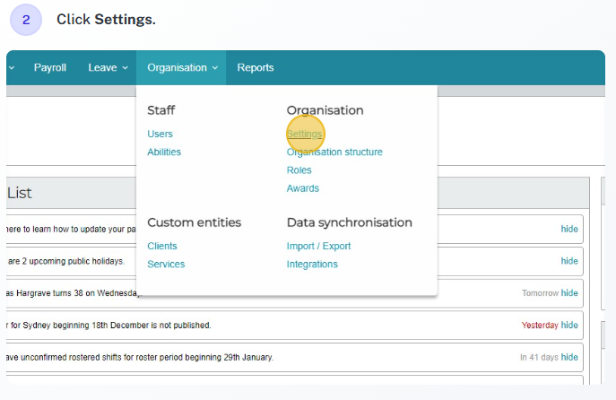 Organisation management screen
