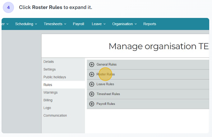 Shift reminders section within roster rules