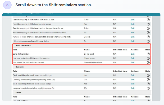 Edit send shift reminders setting