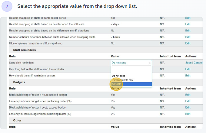 Shift reminder timing options