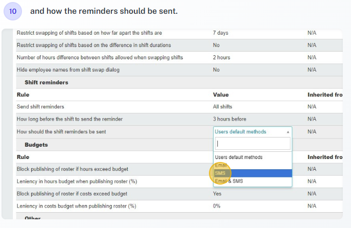 Save shift reminder configuration