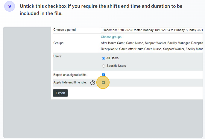 Export roster shift example 10
