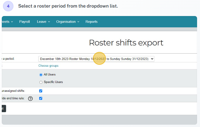 Export roster shift example 4
