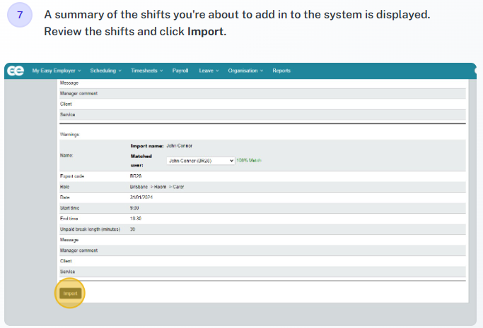 Import roster shift example 8