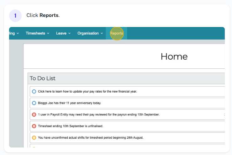 Navigate to reports menu