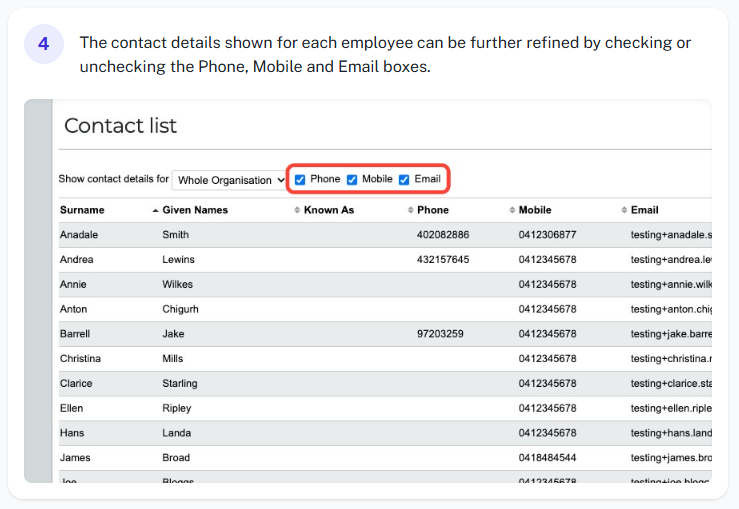 Contact list report preview
