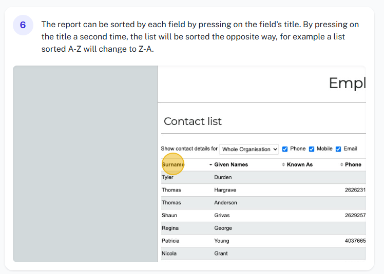 Printed contact list report example