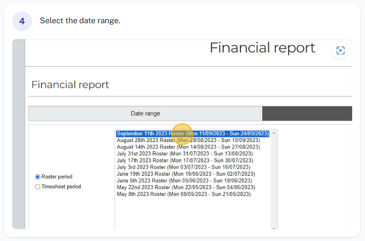 Financial report filters or scope options for organisation, groups, or user.