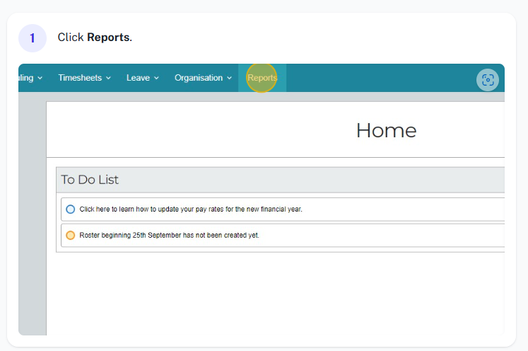 Easy Employer menu navigation to open the reporting area for the financial report.