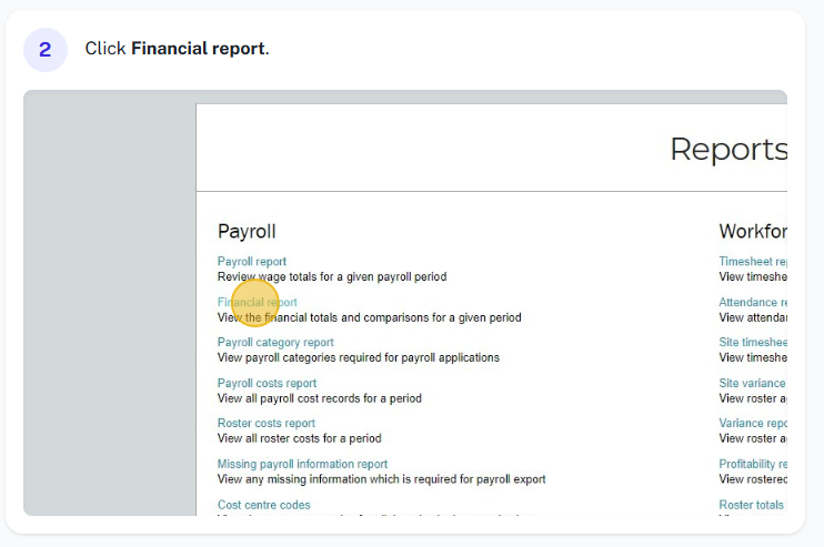 Financial report entry or selection screen in Easy Employer.