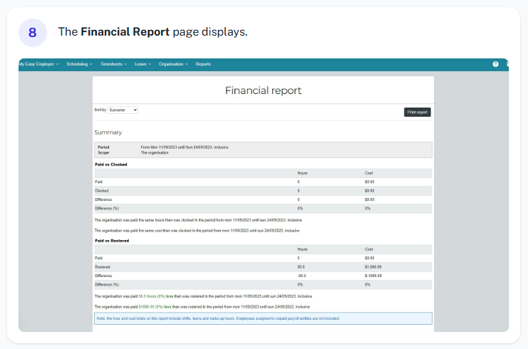 Optional grouping or drill down options within the financial report.