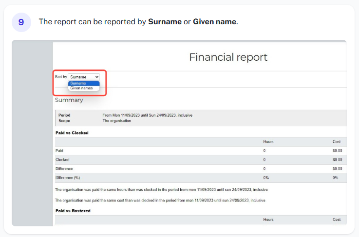 Export or download options for the financial report.