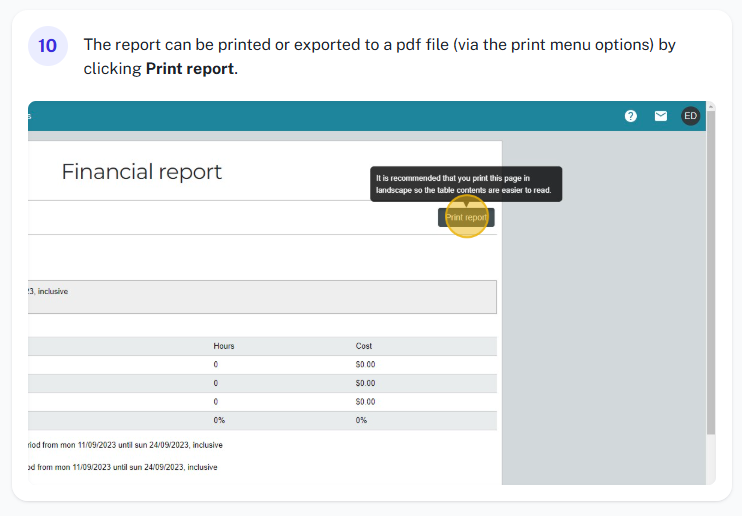 Example view of the financial report output showing roster, clicked and paid costs.