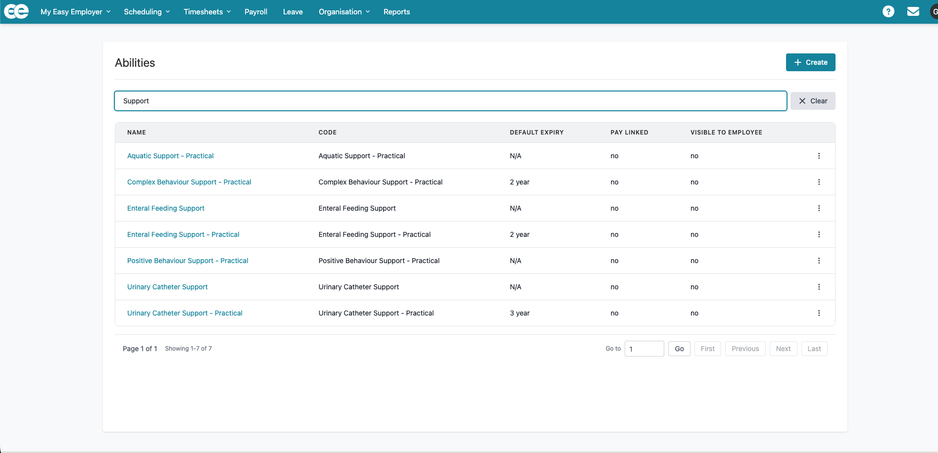 Abilities list with search and pagination controls