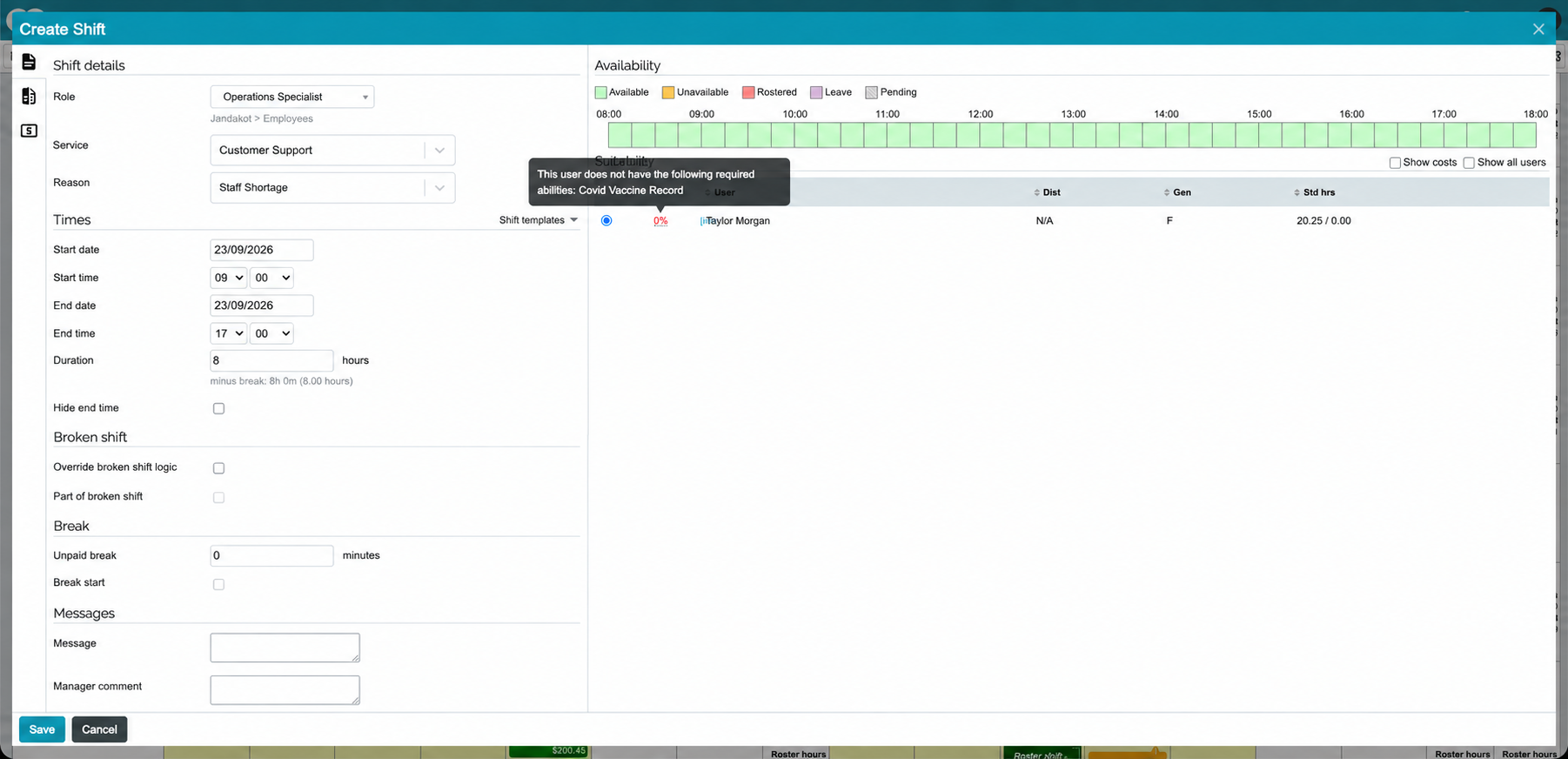 Roster example showing how an employee's ability affects suitability