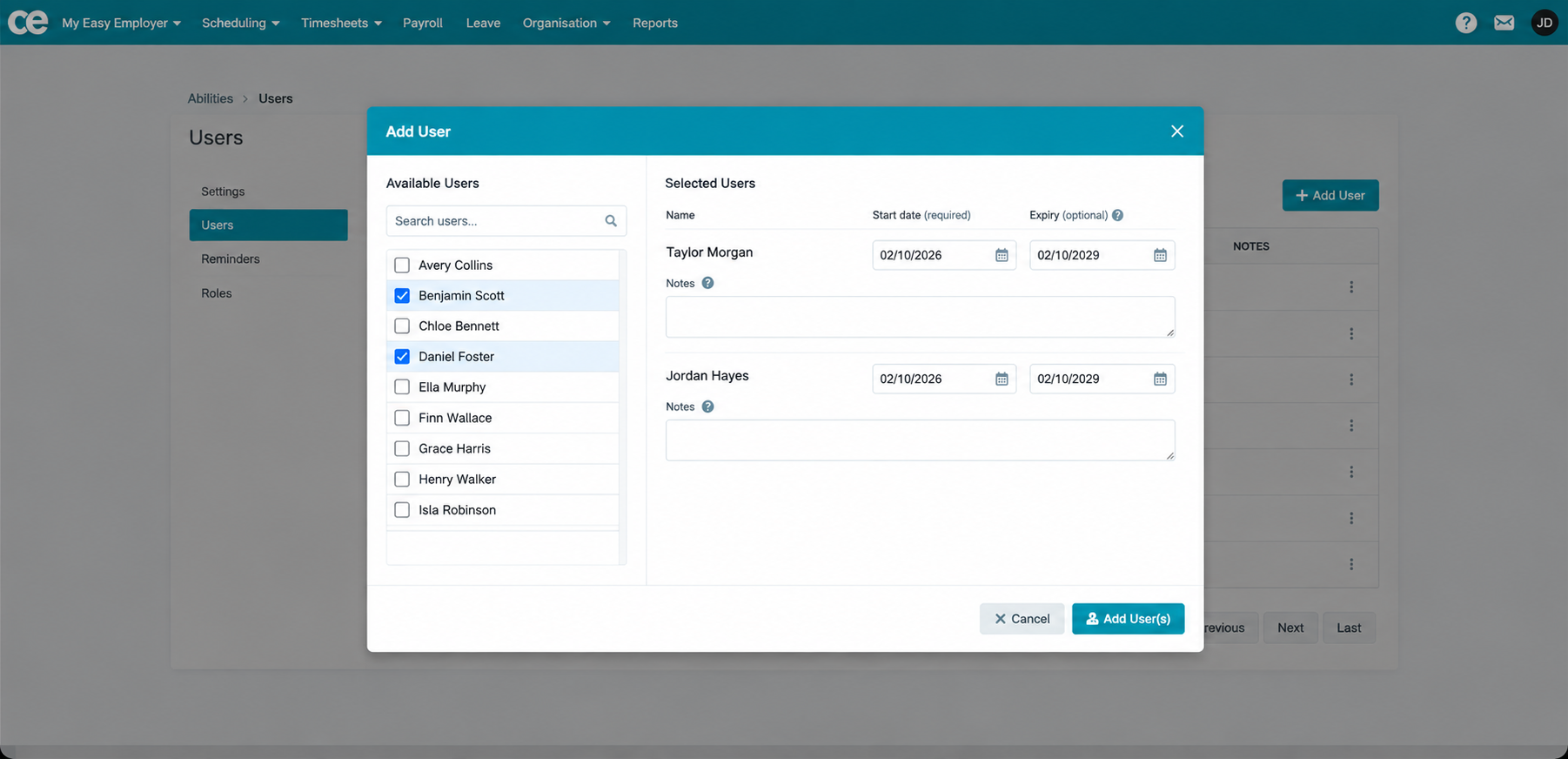 Adding users to an ability, including start date, expiry date and notes