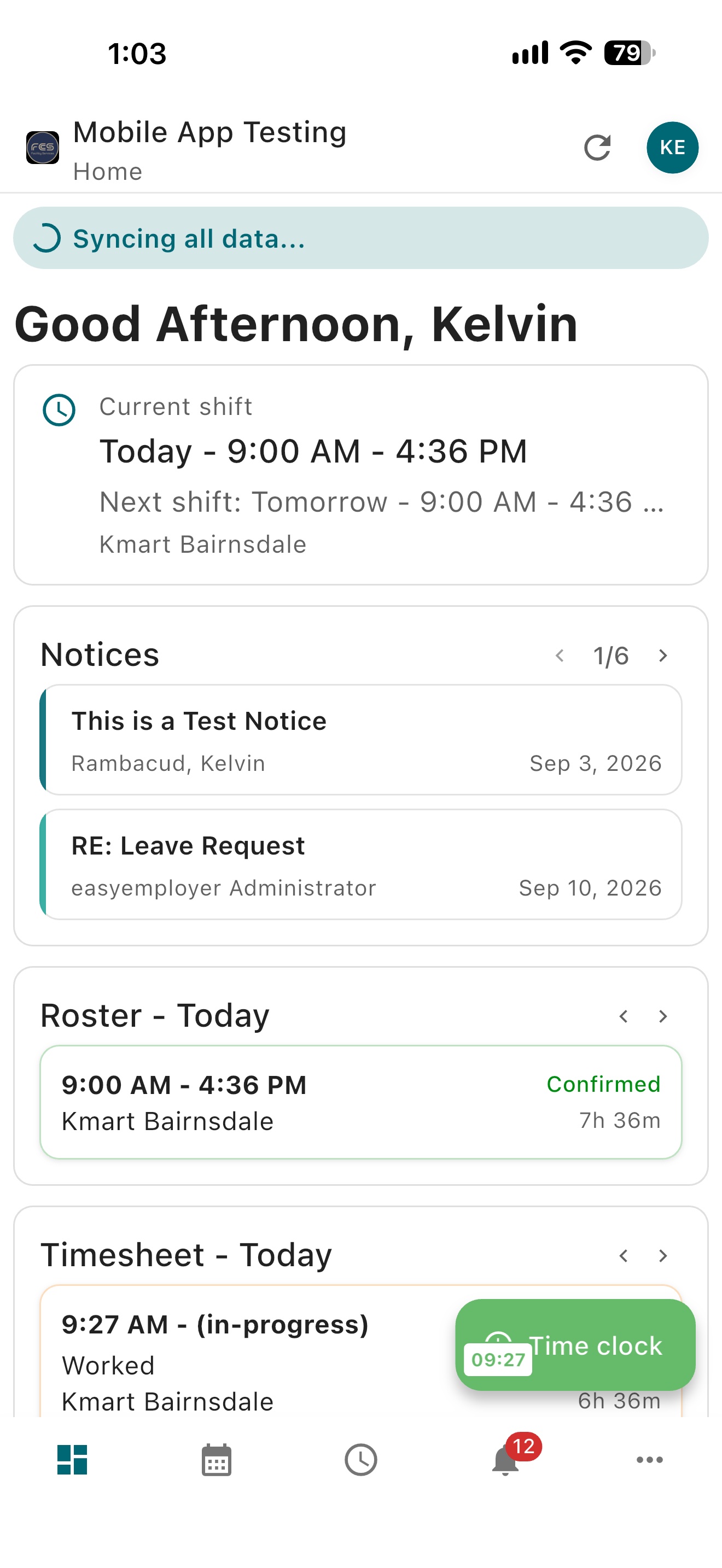 Easy Employer mobile app screen showing the employee interface