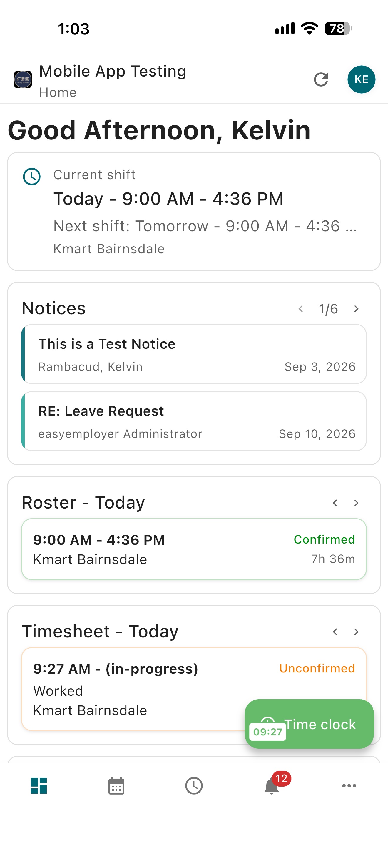 Easy Employer mobile app Home screen and Dashboard