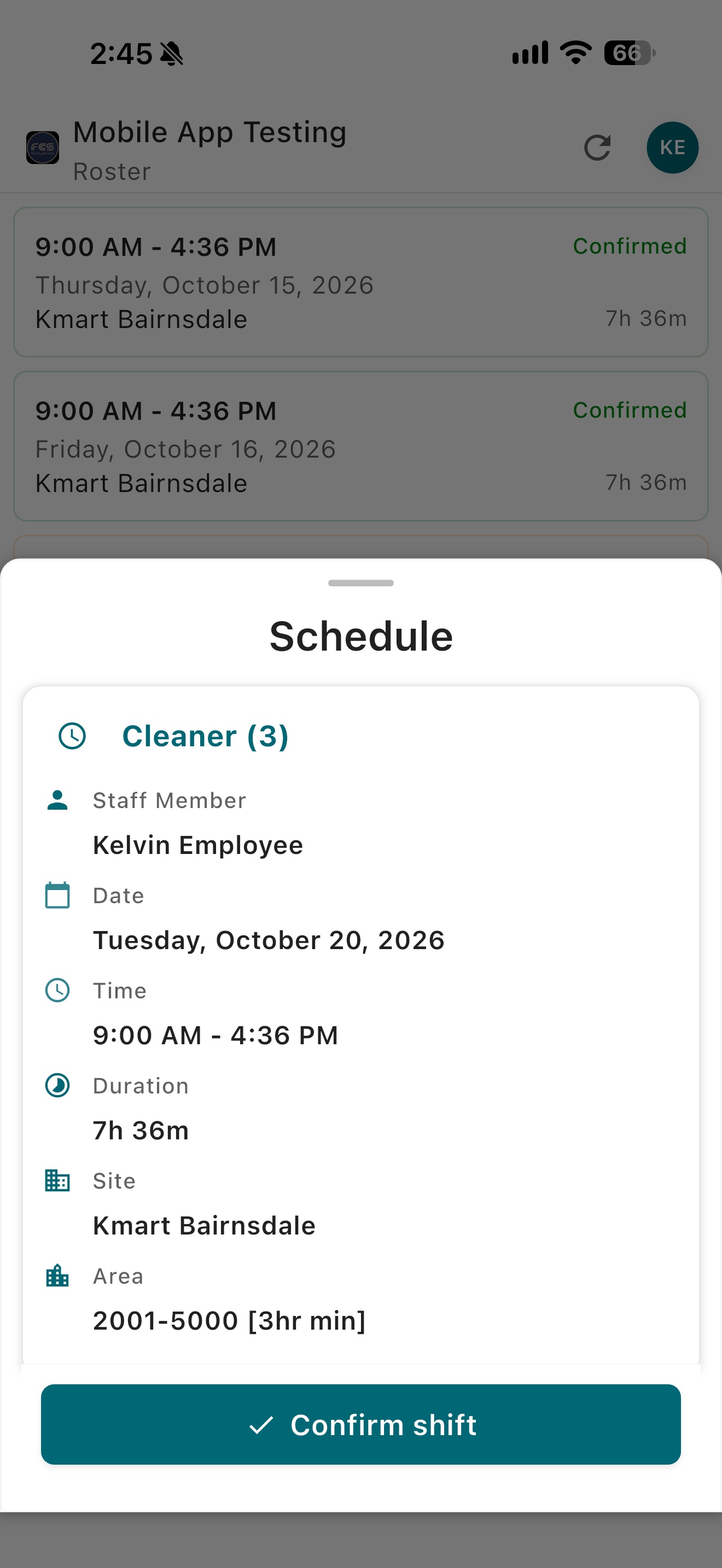 Easy Employer mobile app Schedule panel showing shift details