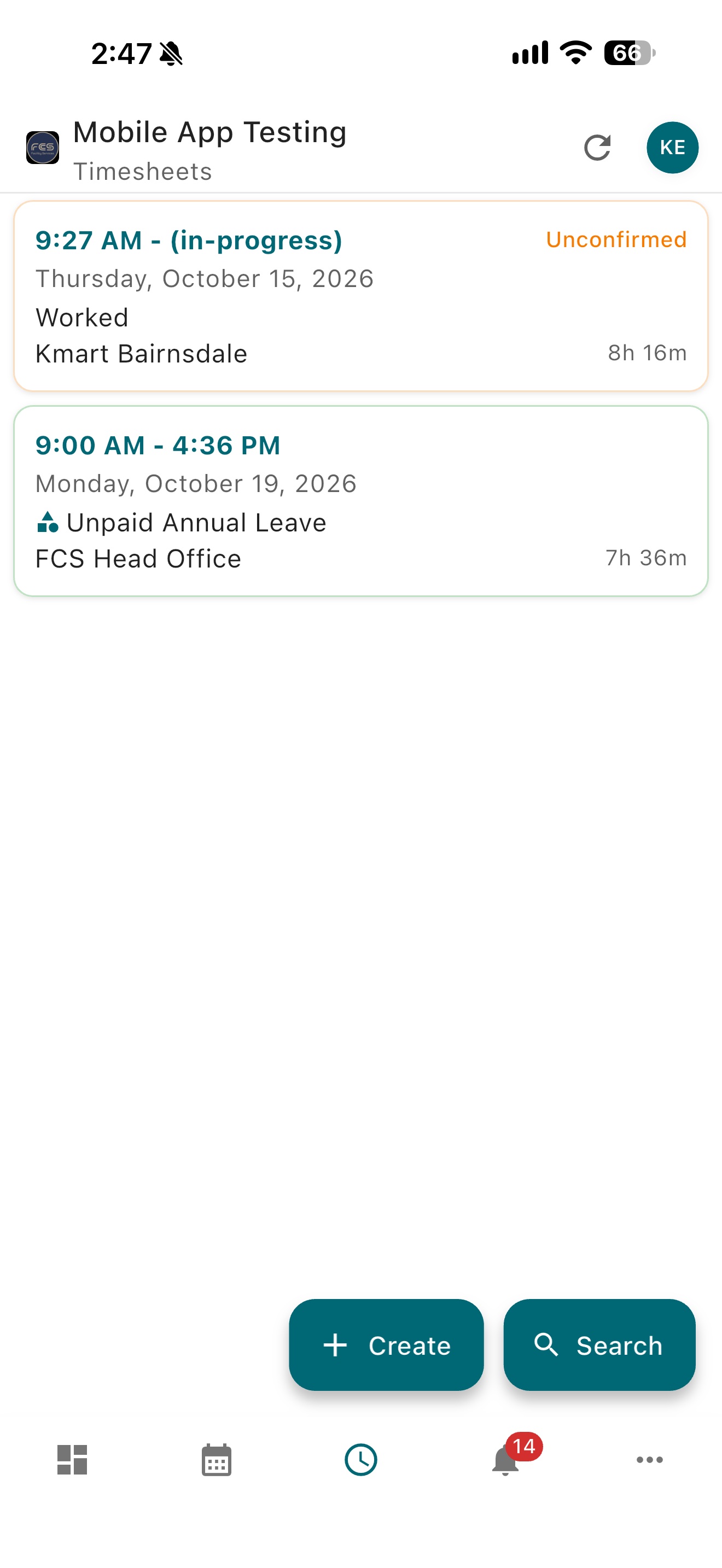 Easy Employer mobile app Timesheets list showing worked shifts and their statuses
