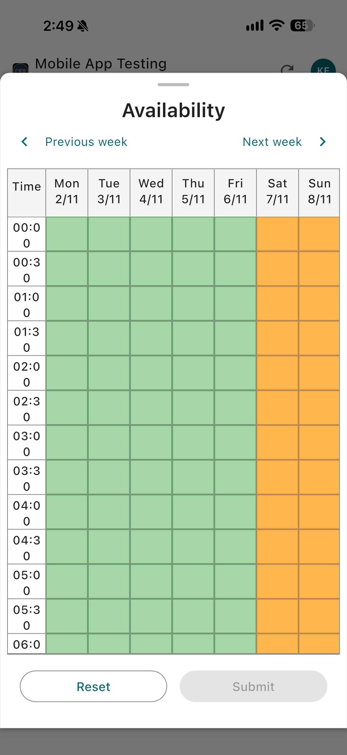 Easy Employer mobile app weekly Availability grid