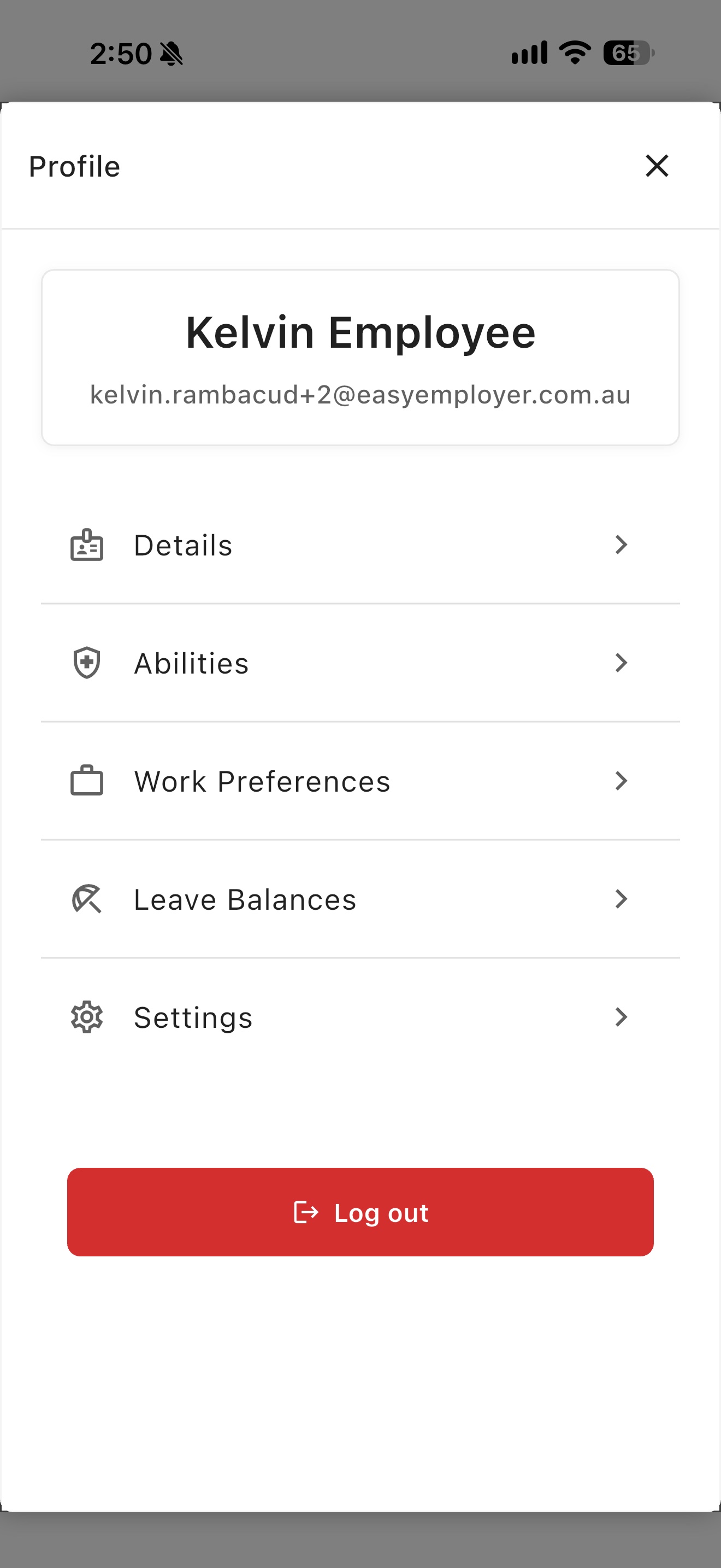 Easy Employer mobile app employee Profile screen