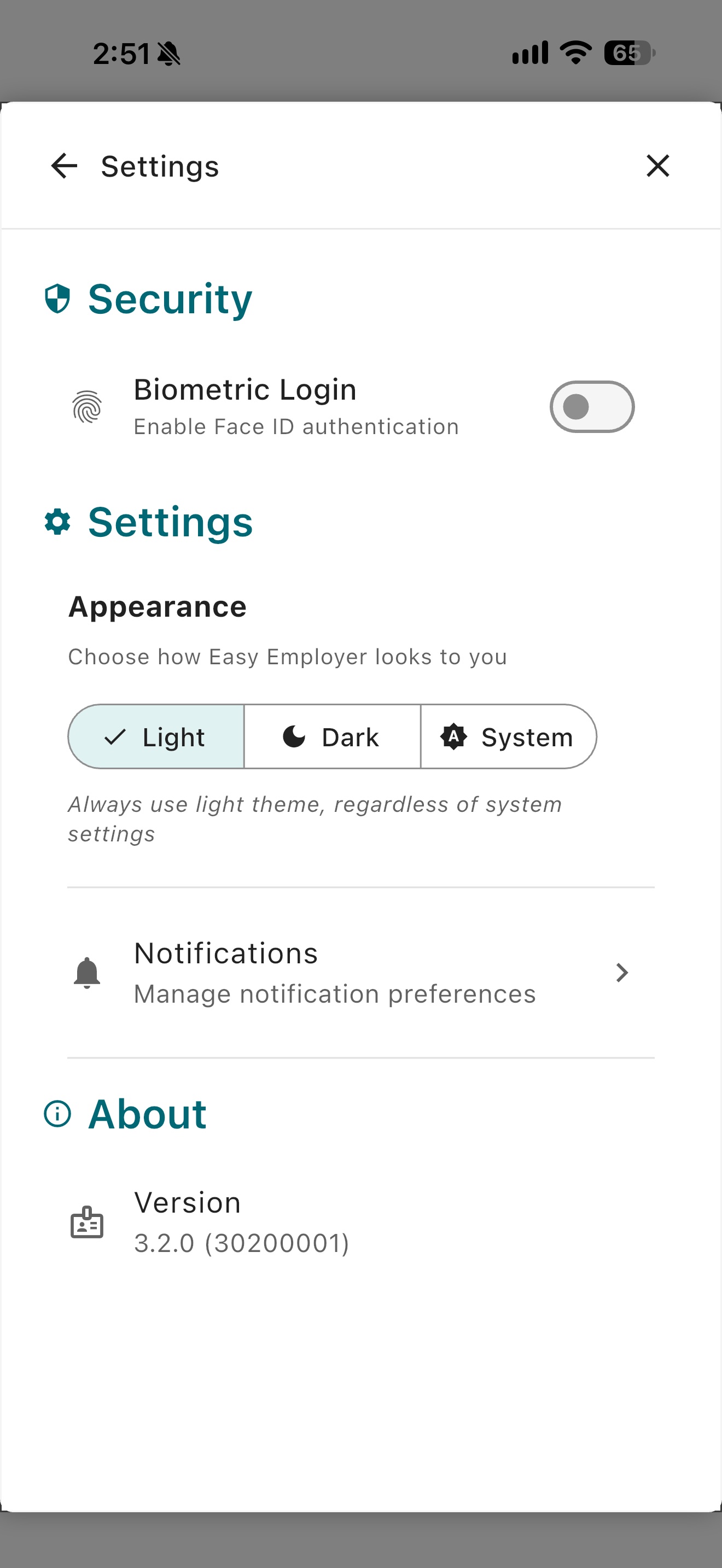 Easy Employer mobile app Settings screen