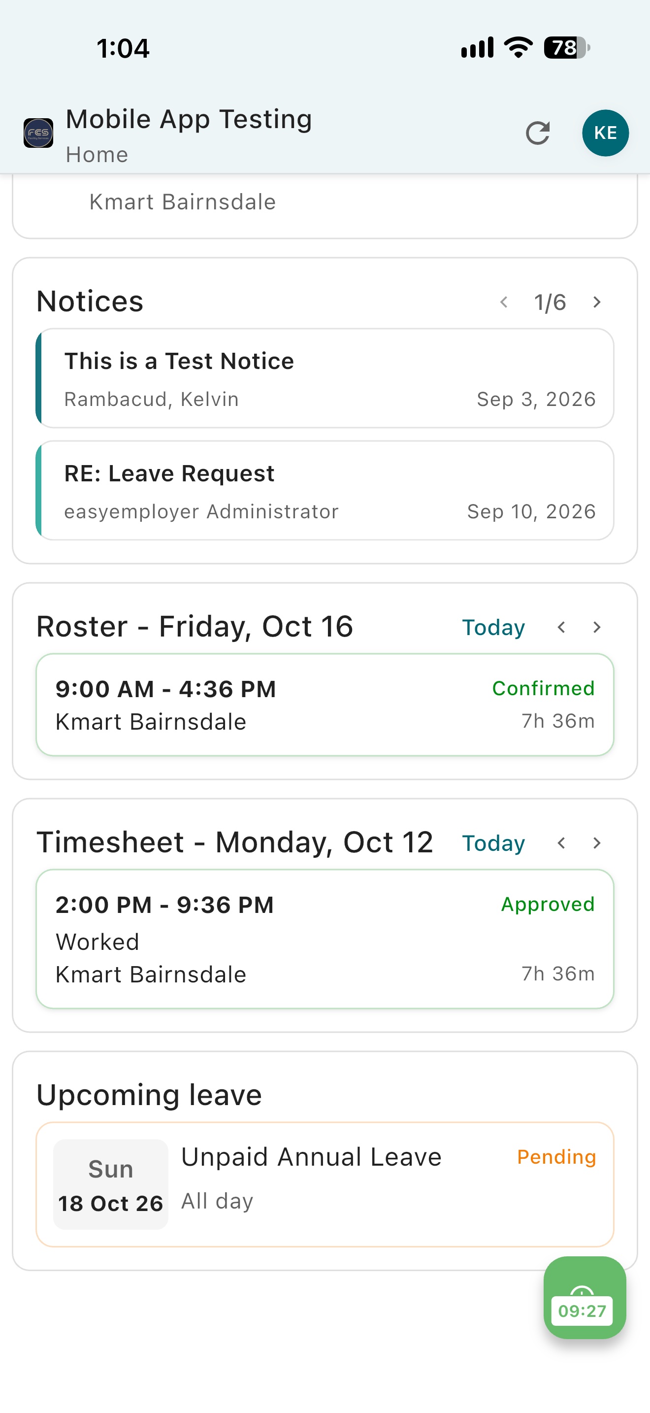 Easy Employer mobile app Dashboard with employee shift information