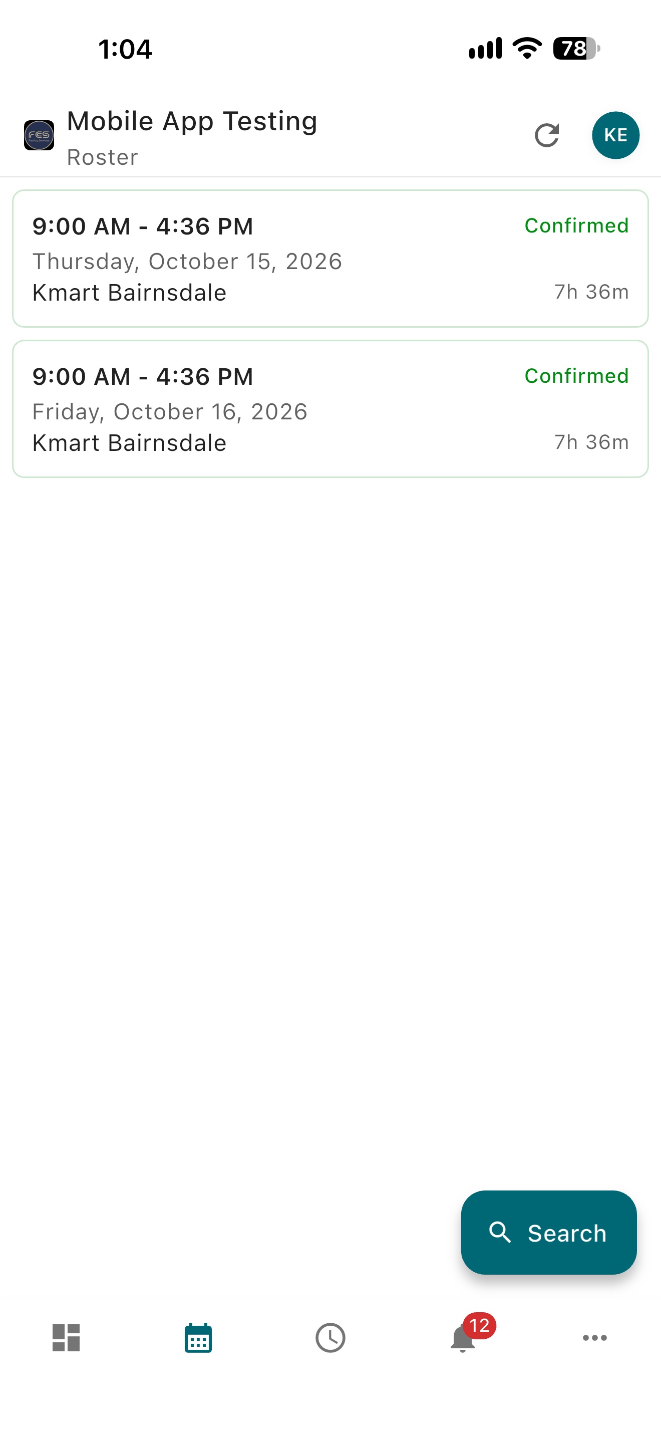 Easy Employer mobile app Roster showing rostered shifts