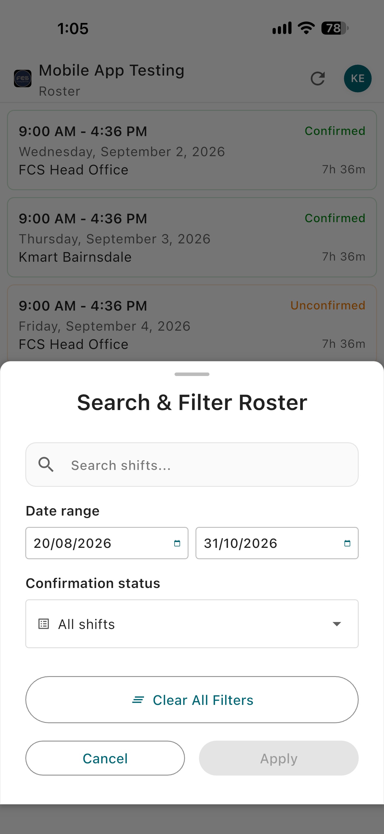 Easy Employer mobile app Search and Filter Roster screen