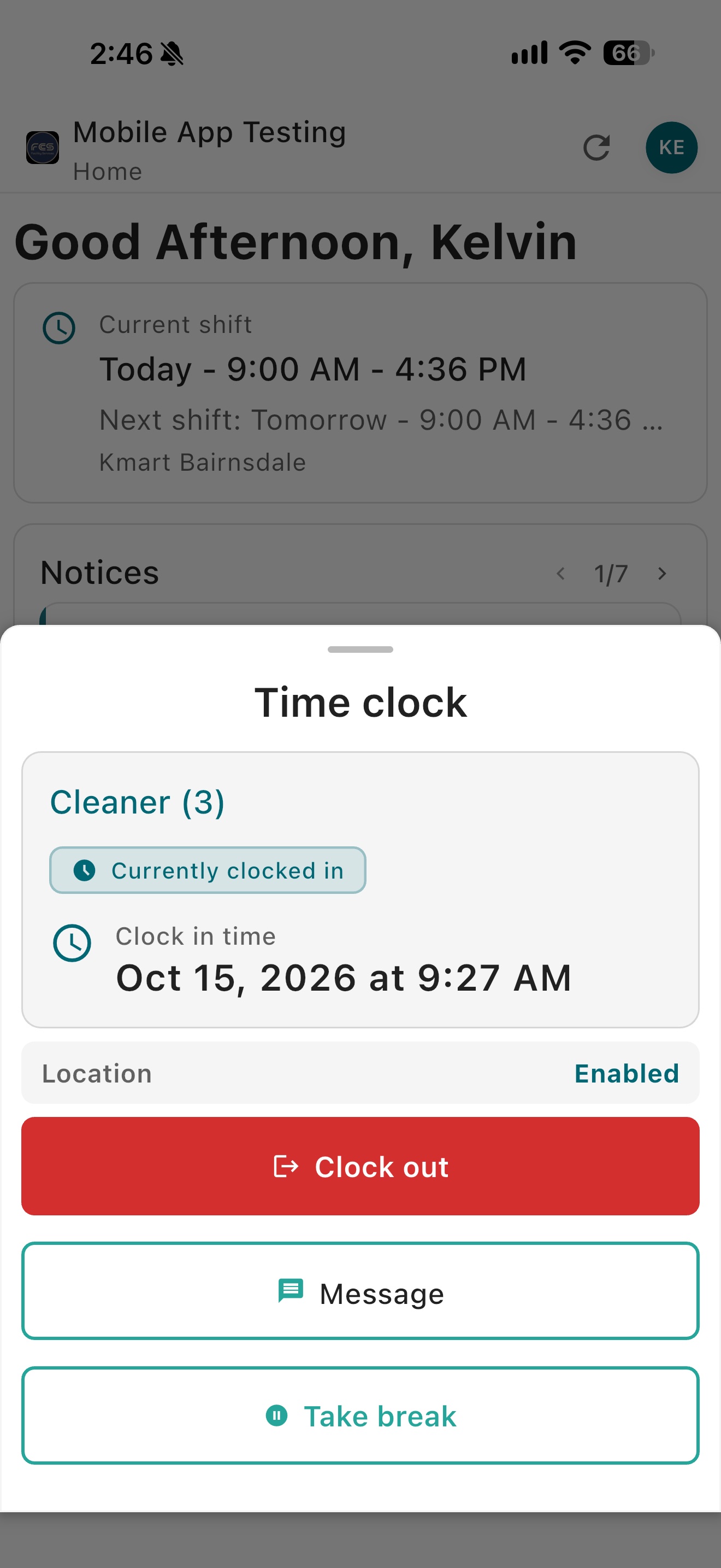 Easy Employer mobile app Time Clock panel showing clock-in and shift actions