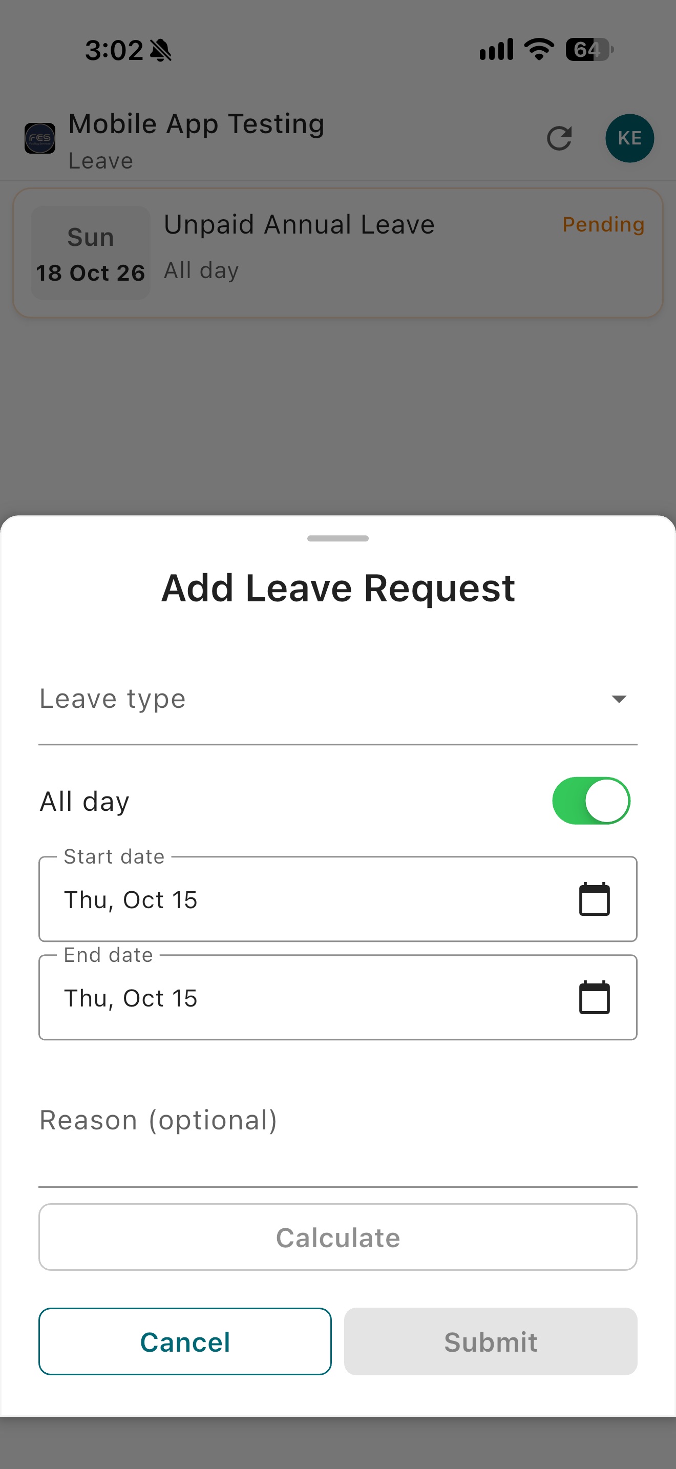 Easy Employer mobile app Add Leave Request form