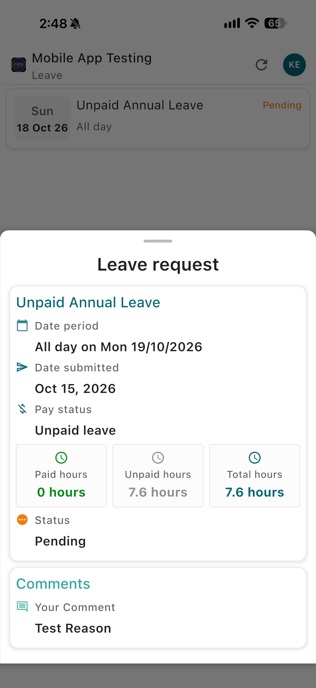 Easy Employer mobile app leave request details and status