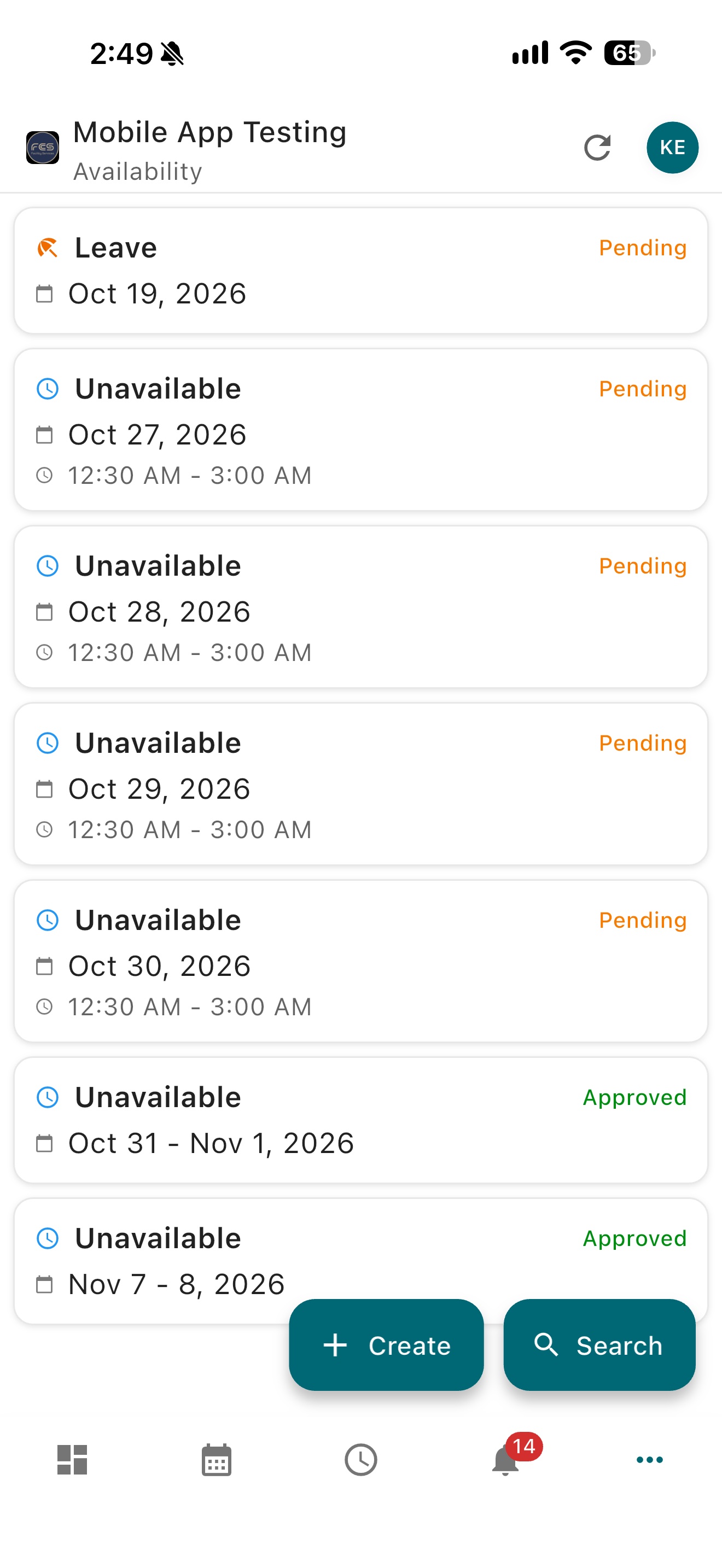 Easy Employer mobile app Availability module showing employee availability entries