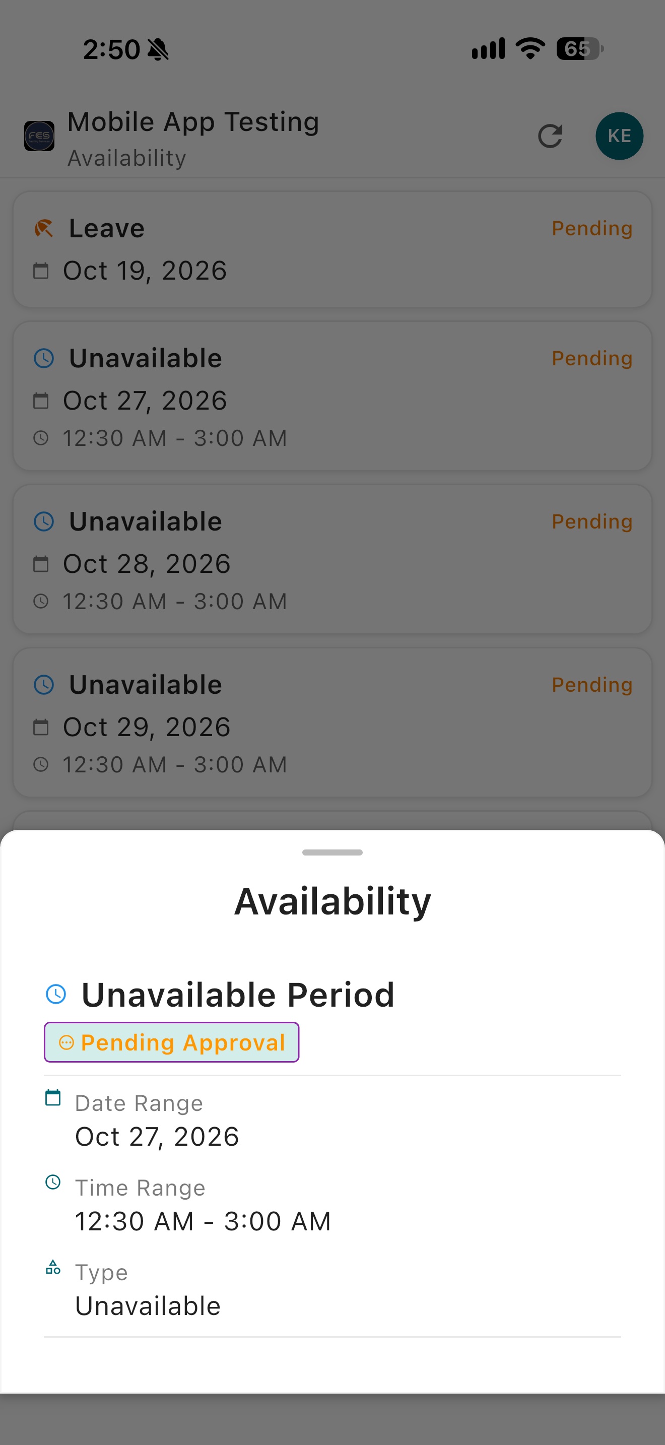Easy Employer mobile app availability entry details