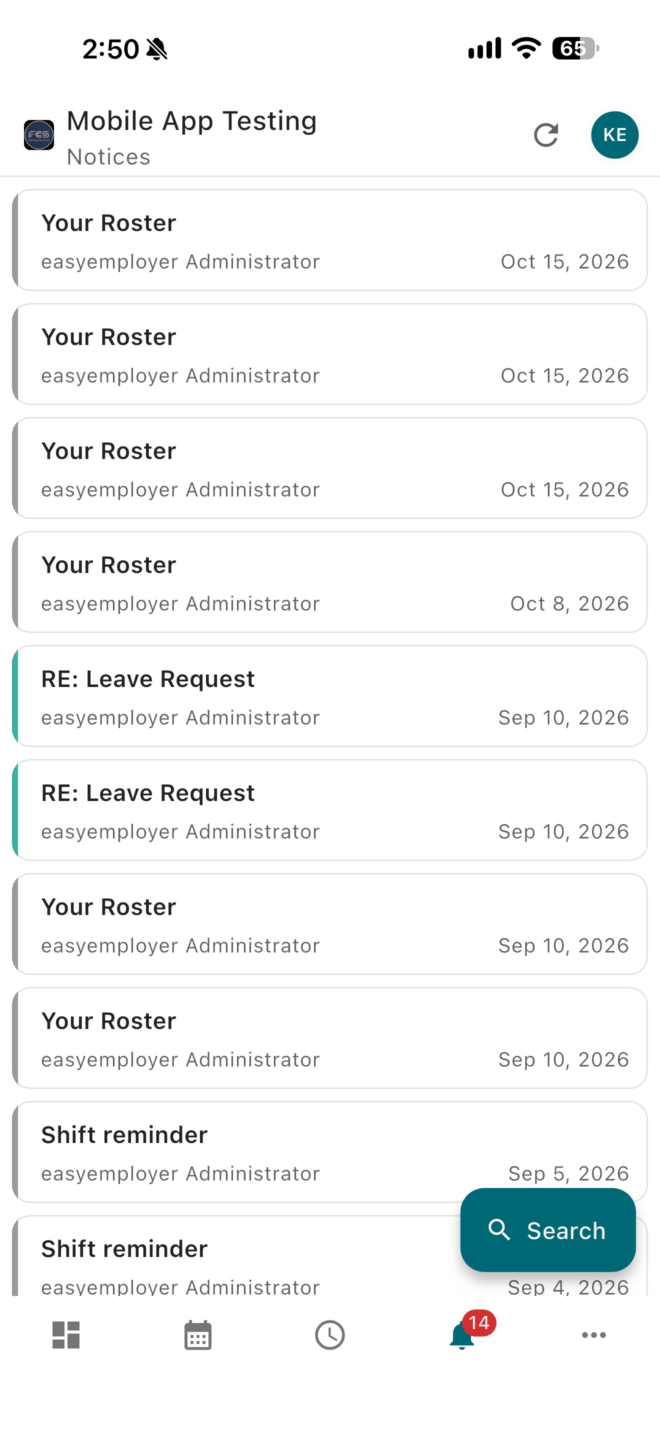 Easy Employer mobile app Notifications list