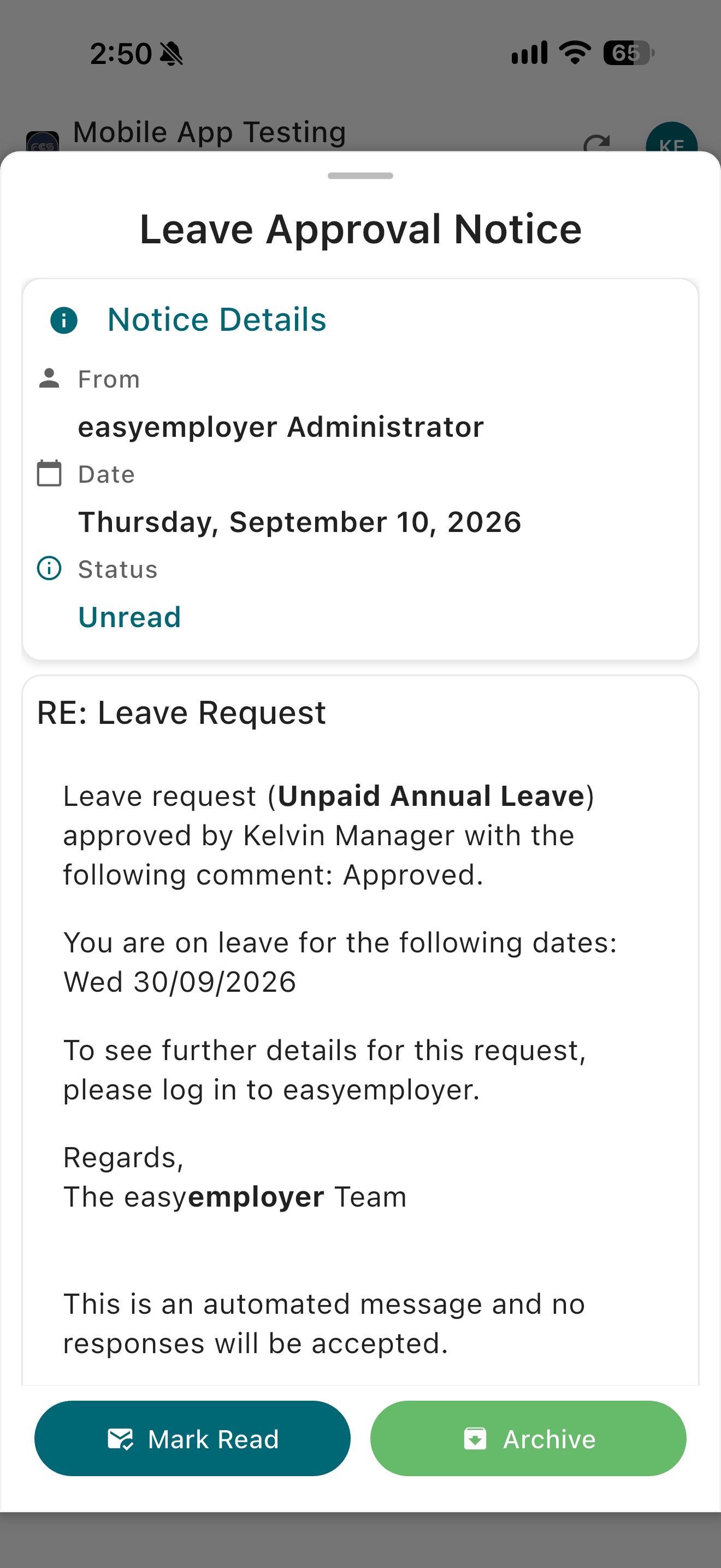 Easy Employer mobile app System Notice showing message details
