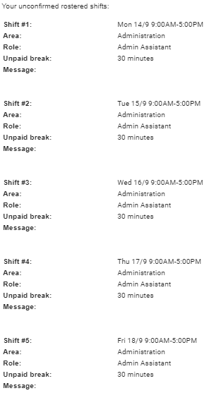 Email showing roster shifts