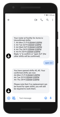 SMS showing received roster shifts