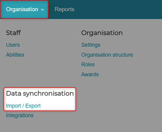 Data synchronisation menu showing import/export