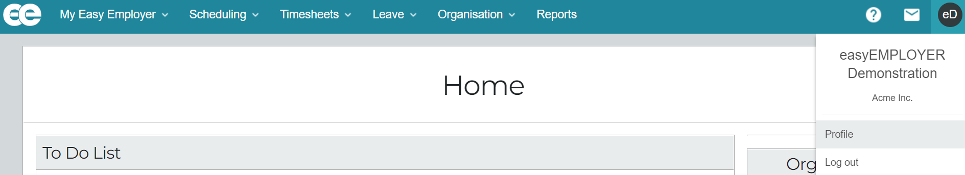 User profile menu with initials dropdown