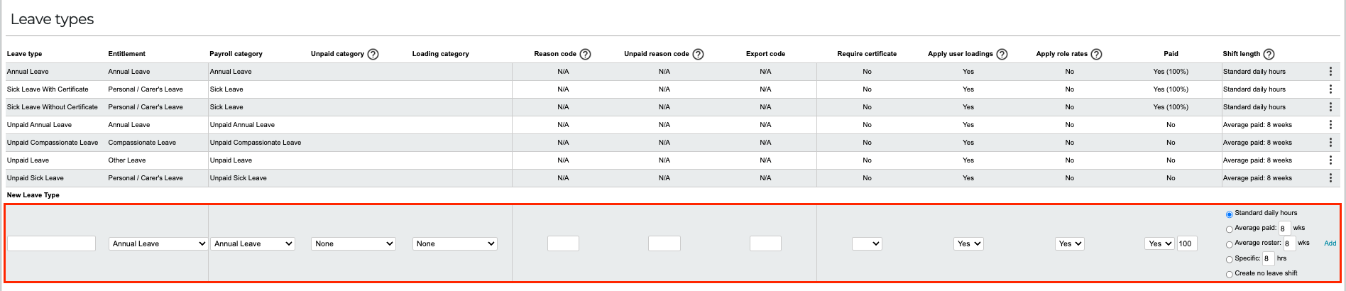 Create leave type screenshot