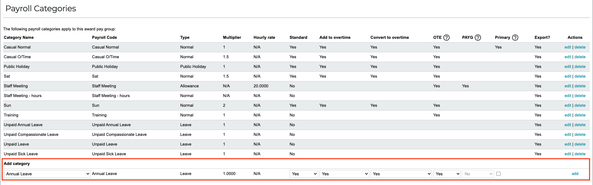 Add payroll category to pay group screenshot