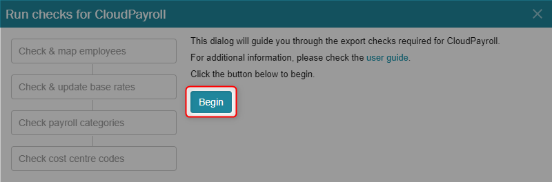 Popup showing Begin button for export checks
