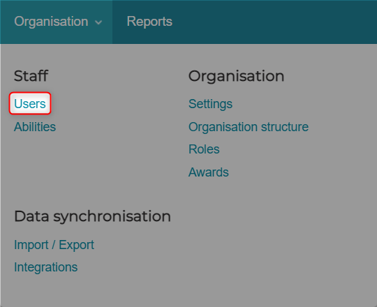 Users list within Organisation