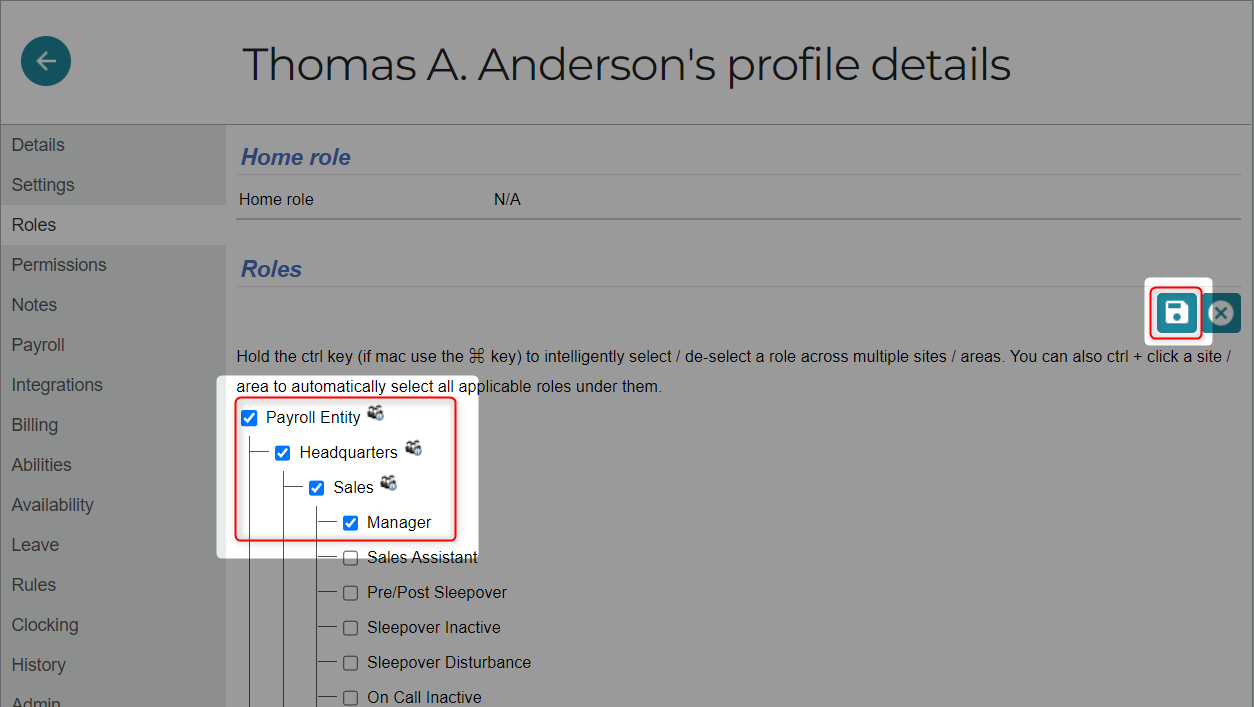 Payroll entity, site, area and role selection