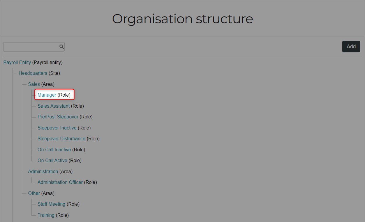 Role selected in organisation structure