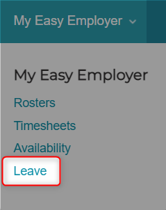 My Easy Employer navigation showing Leave