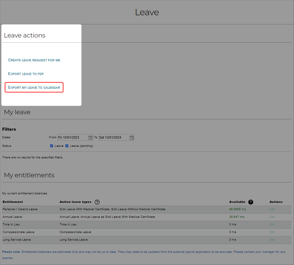 Leave actions menu showing Export my leave to calendar