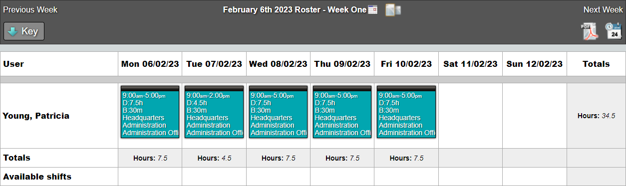 Roster showing user shifts for the week